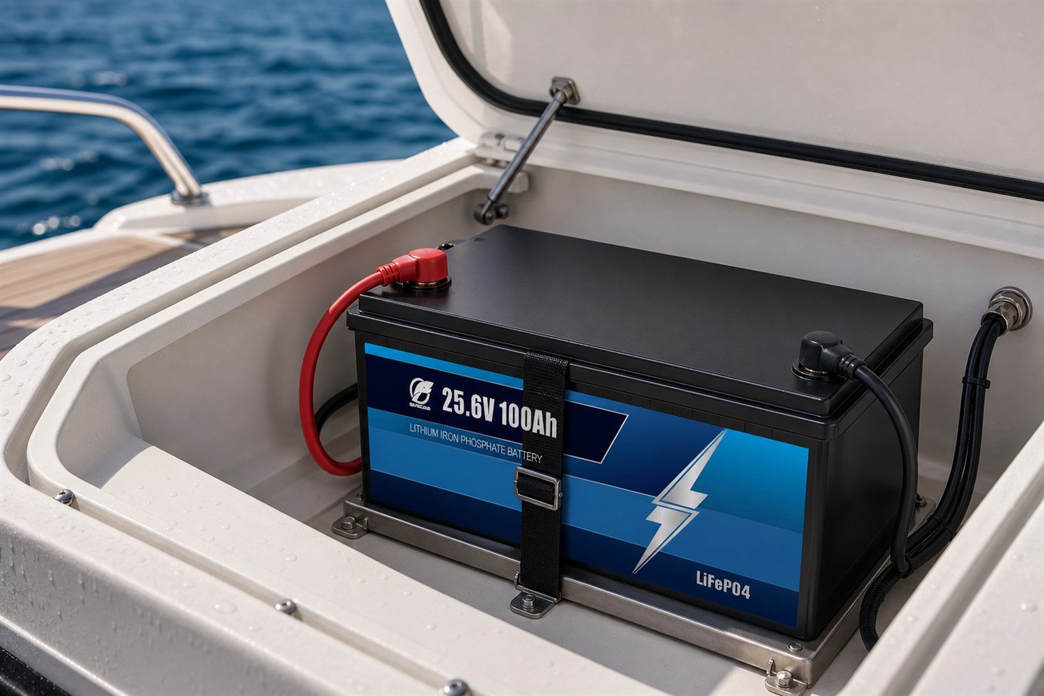 25.6V 100Ah marine LiFePO4 battery secured inside a dry boat battery compartment