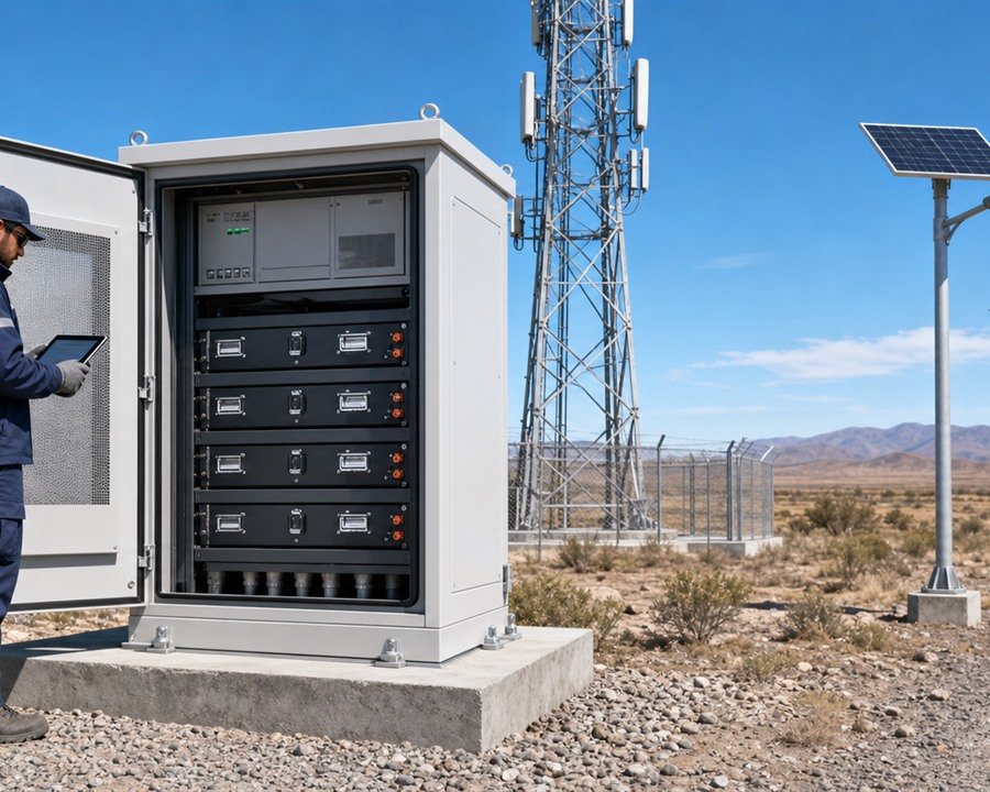 48V rack-mount battery backup cabinet supporting a remote telecom tower and solar street lights